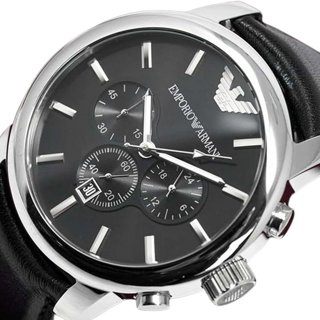 Emporio Armani Gents Stainless Steel Chronograph Watch with Black Leather Strap