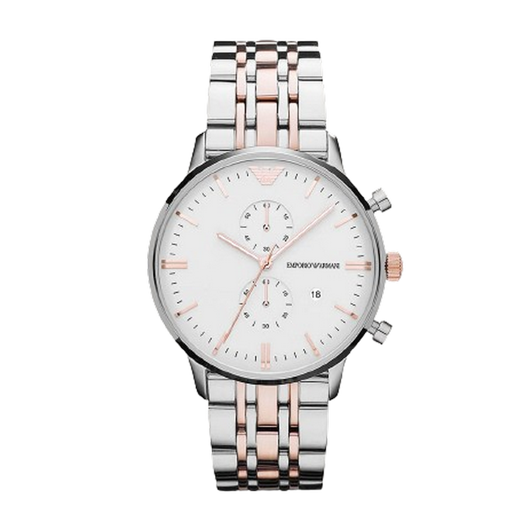 Emporio Armani Chronograph White Dial Two Tone Steel Strap