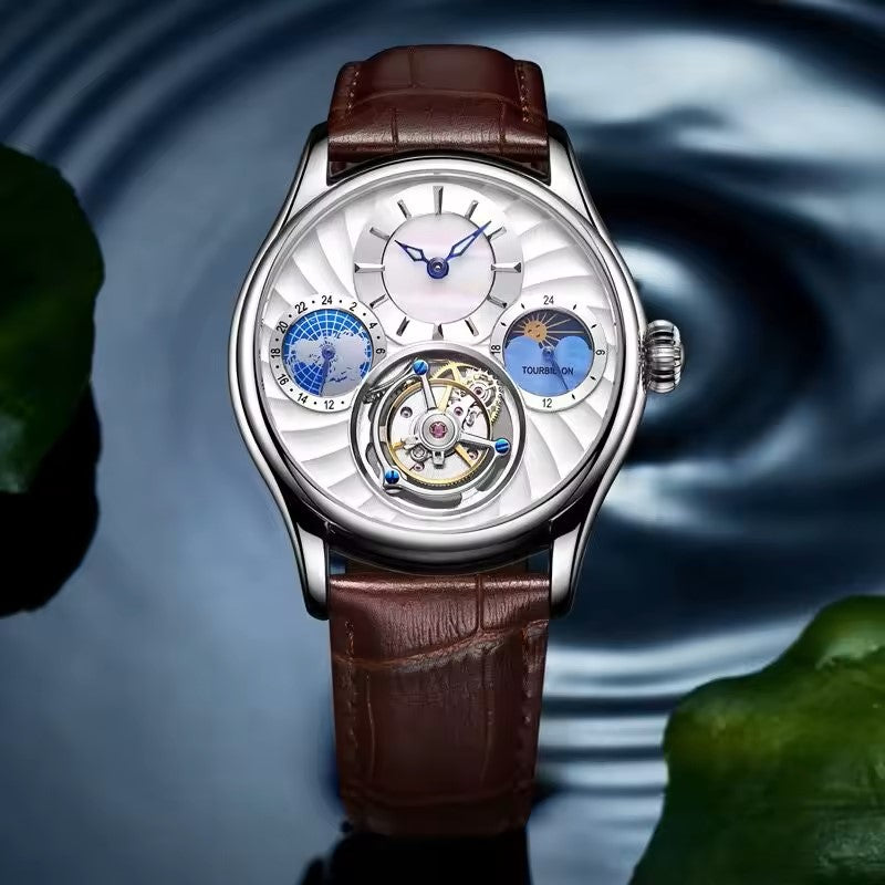 Elegant Tourbillon Moon Phase Small Subdial Chrono Multifunctional Mechanical Watch