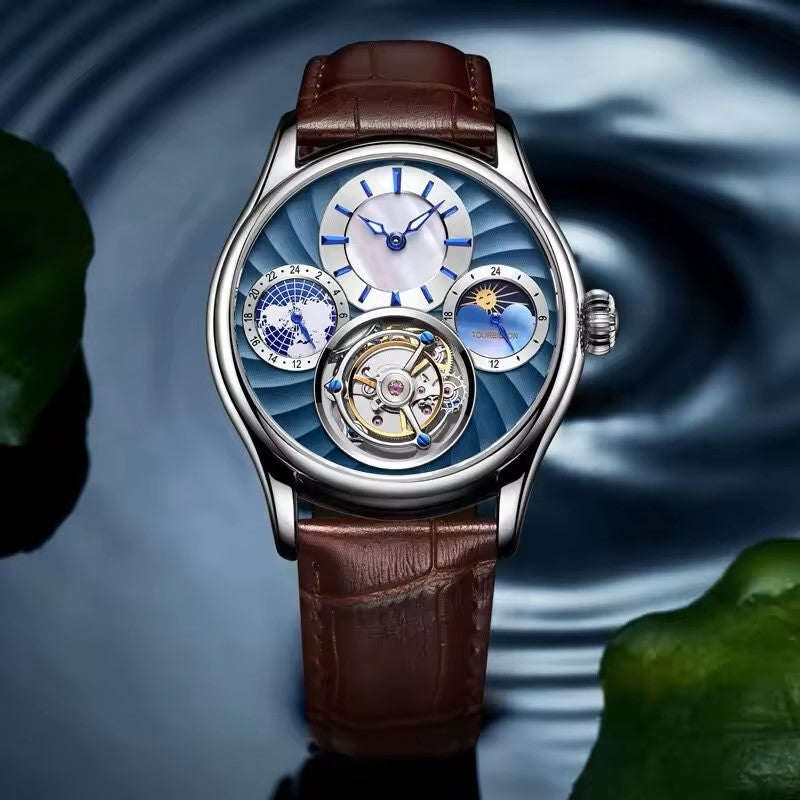 Elegant Tourbillon Moon Phase Small Subdial Chrono Multifunctional Mechanical Watch