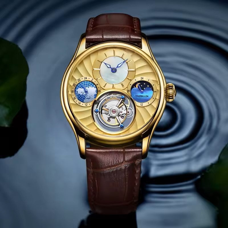 Elegant Tourbillon Moon Phase Small Subdial Chrono Multifunctional Mechanical Watch