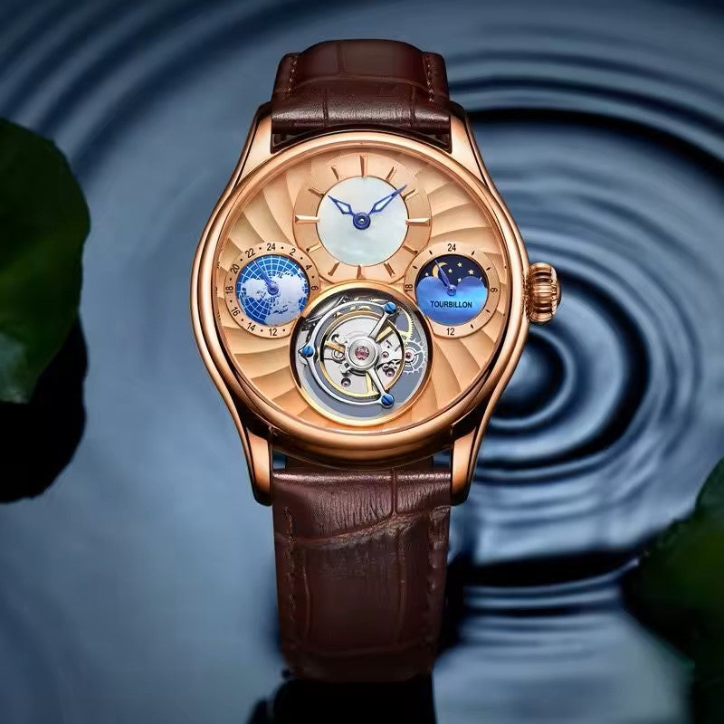 Elegant Tourbillon Moon Phase Small Subdial Chrono Multifunctional Mechanical Watch