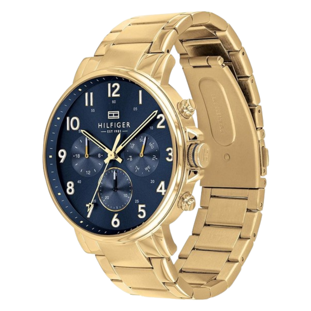 TOMMY HILFIGER MENS MULTI DIAL QUARTZ WATCH WITH GOLD STAINLESS STEEL STRAP