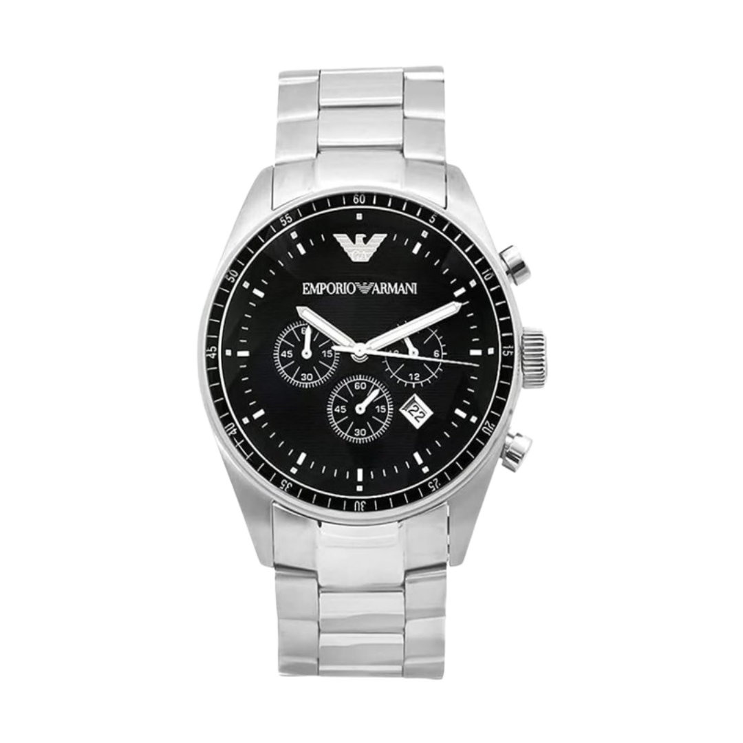 Emporio Armani Men's Black Dial Stainless Steel Silver Band