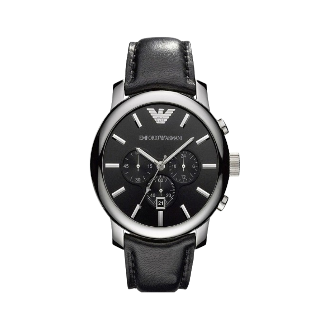 Emporio Armani Gents Stainless Steel Chronograph Watch with Black Leather Strap