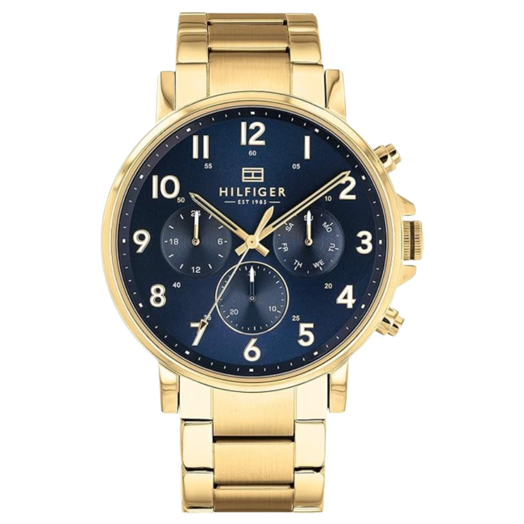 TOMMY HILFIGER MENS MULTI DIAL QUARTZ WATCH WITH GOLD STAINLESS STEEL STRAP