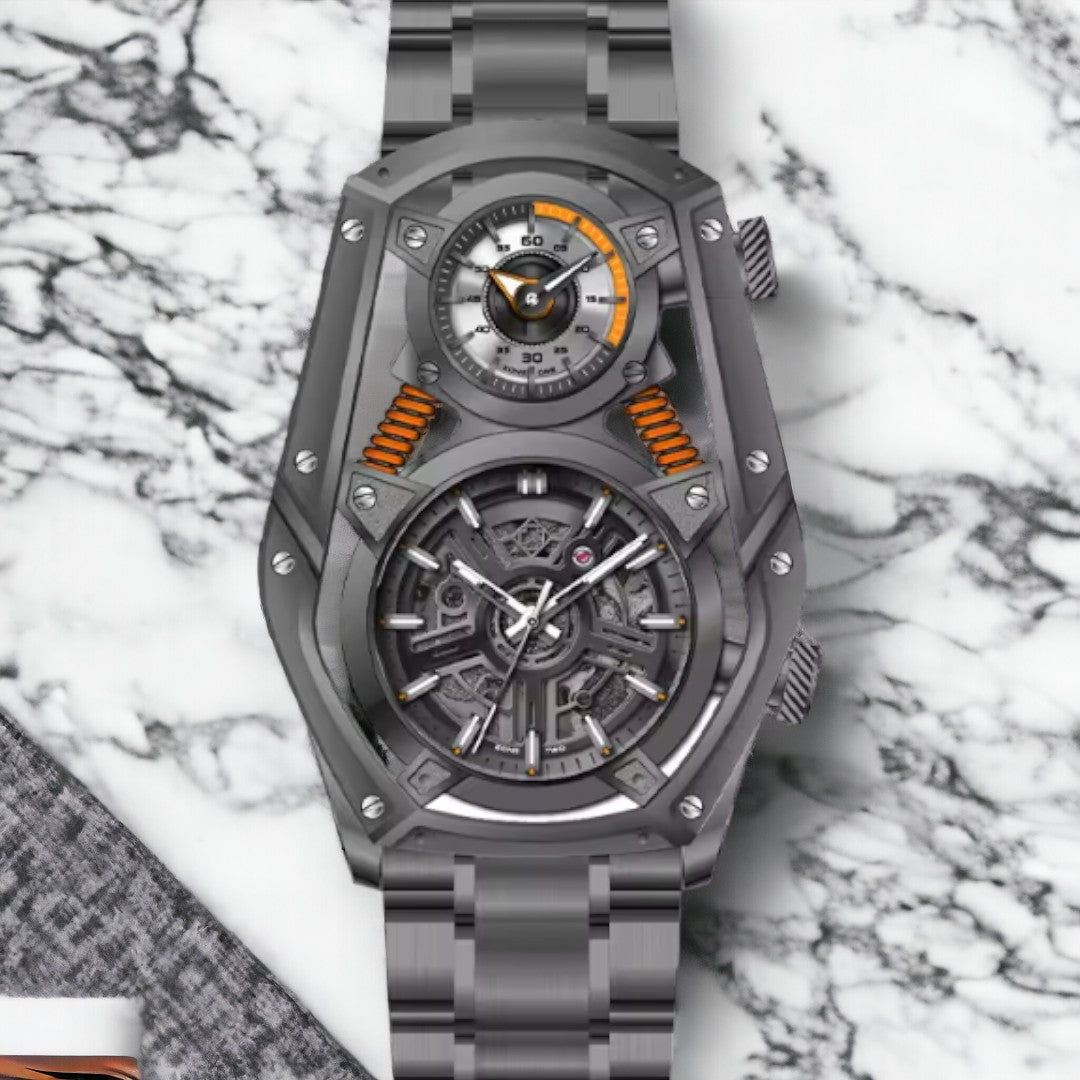 Grey Personality Tourbillon Design watch Mechanical Quartz DUAL MOVEMENT stainless steel luminous watch