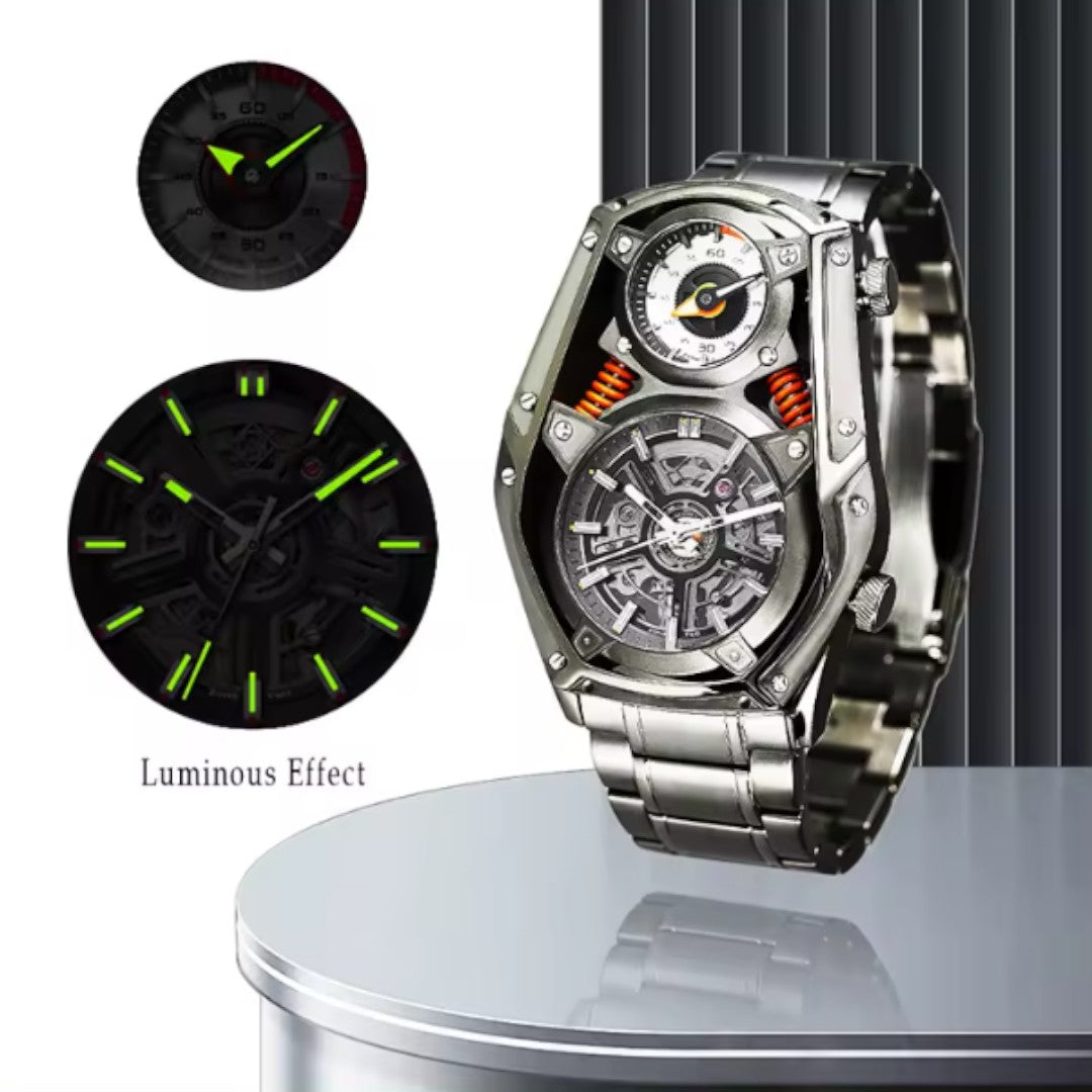 Grey Personality Tourbillon Design watch Mechanical Quartz DUAL MOVEMENT stainless steel luminous watch