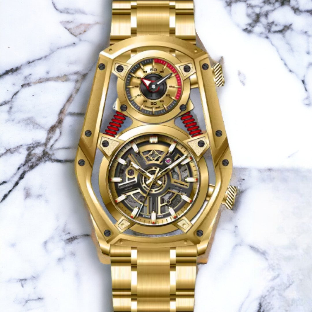 Gold Personality Tourbillon Design watch Mechanical Quartz DUAL MOVEMENT stainless steel luminous watch