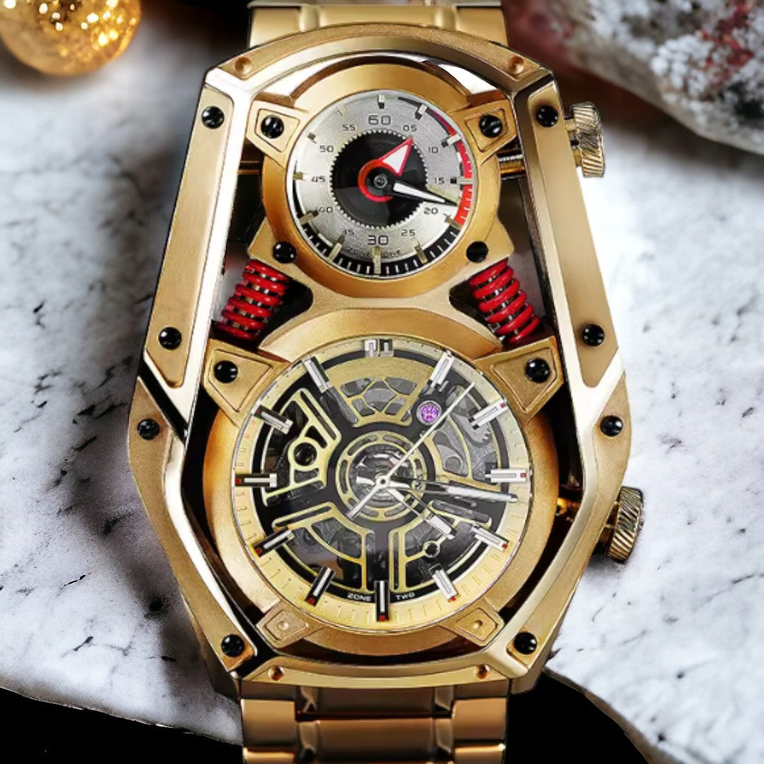 Gold Personality Tourbillon Design watch Mechanical Quartz DUAL MOVEMENT stainless steel luminous watch