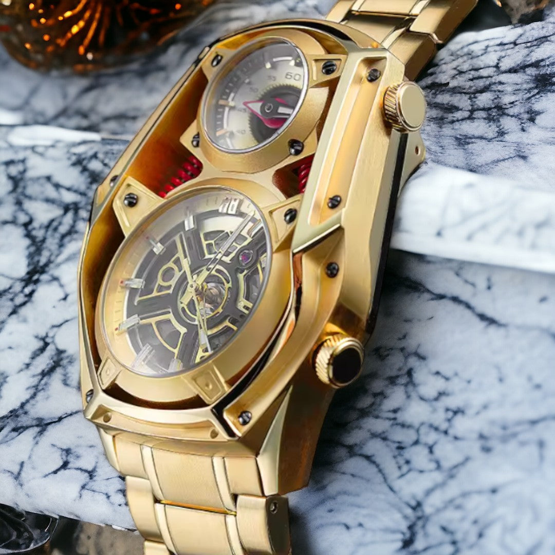 Gold Personality Tourbillon Design watch Mechanical Quartz DUAL MOVEMENT stainless steel luminous watch