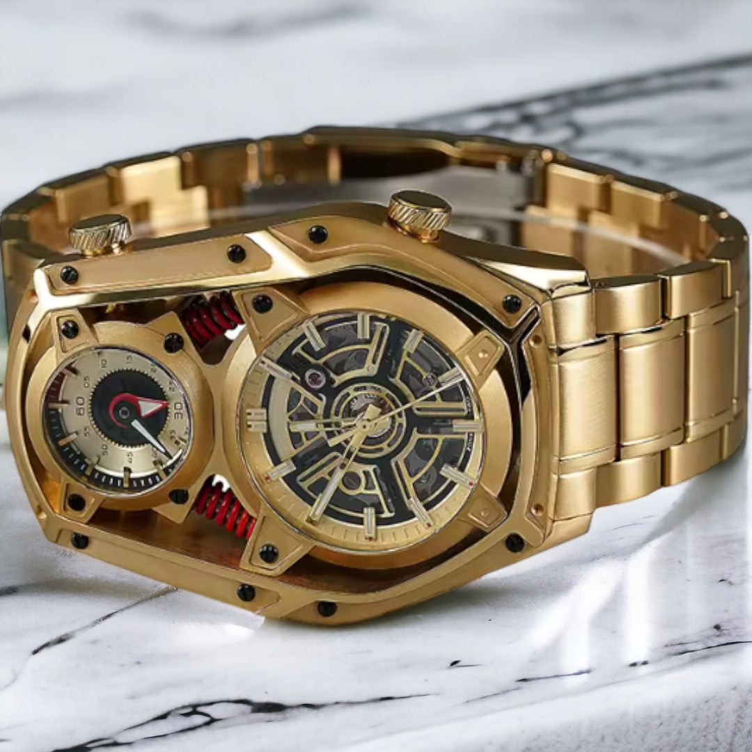 Gold Personality Tourbillon Design watch Mechanical Quartz DUAL MOVEMENT stainless steel luminous watch