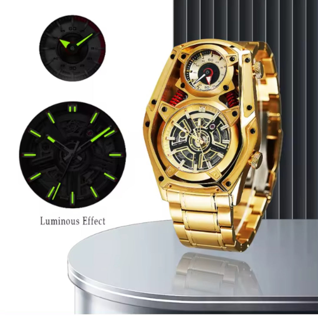 Gold Personality Tourbillon Design watch Mechanical Quartz DUAL MOVEMENT stainless steel luminous watch