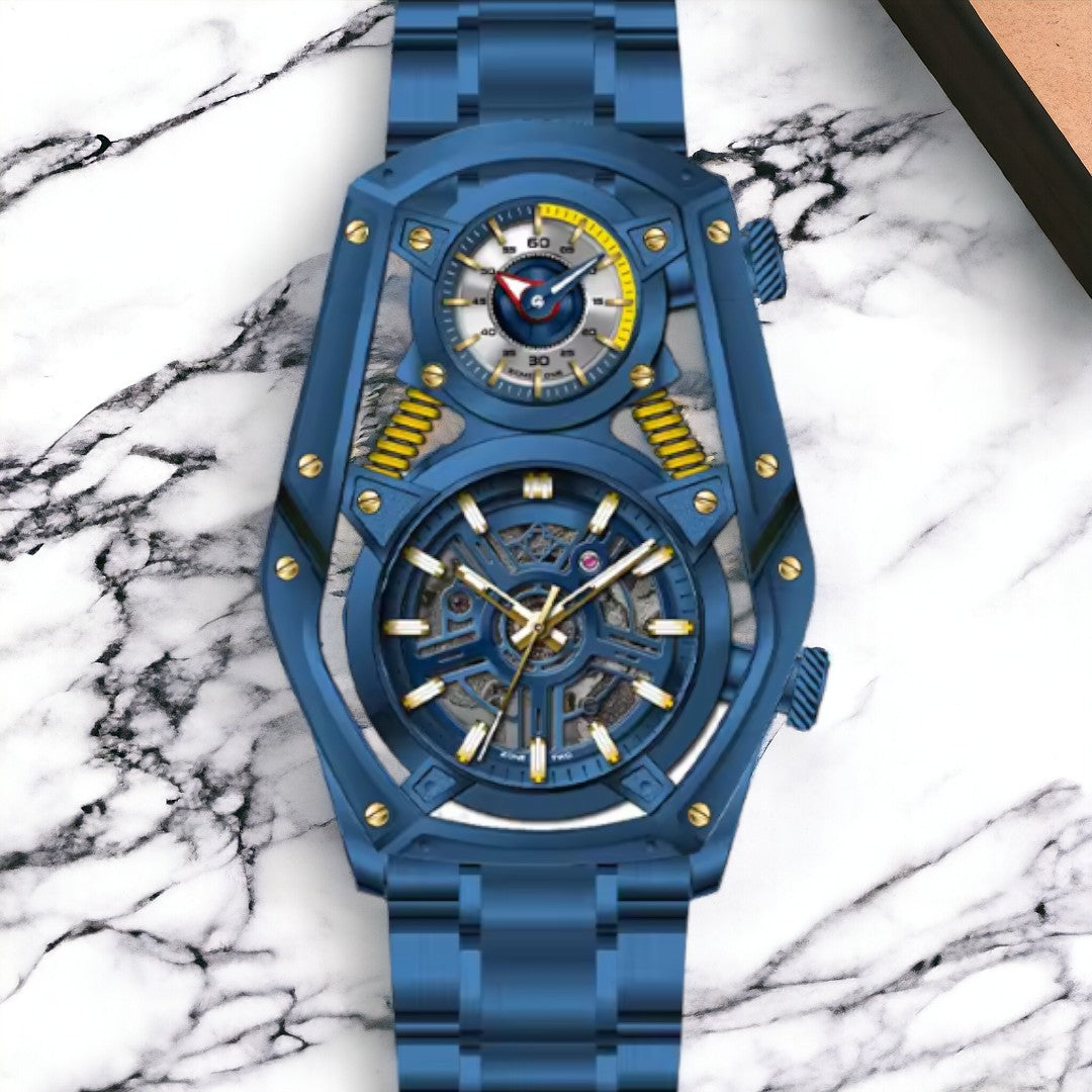 Blue Personality Tourbillon Design watch Mechanical Quartz DUAL MOVEMENT stainless steel luminous watch