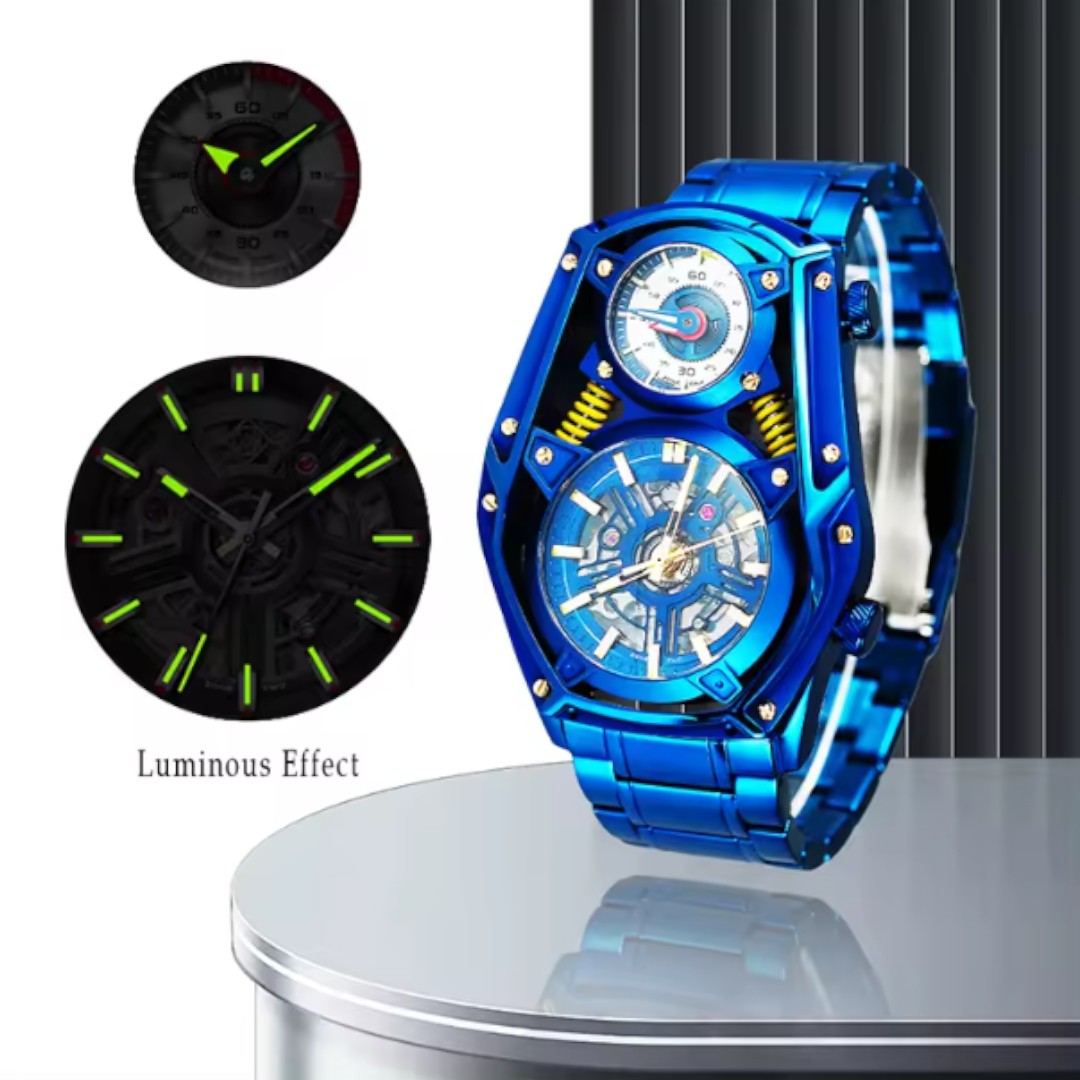 Blue Personality Tourbillon Design watch Mechanical Quartz DUAL MOVEMENT stainless steel luminous watch