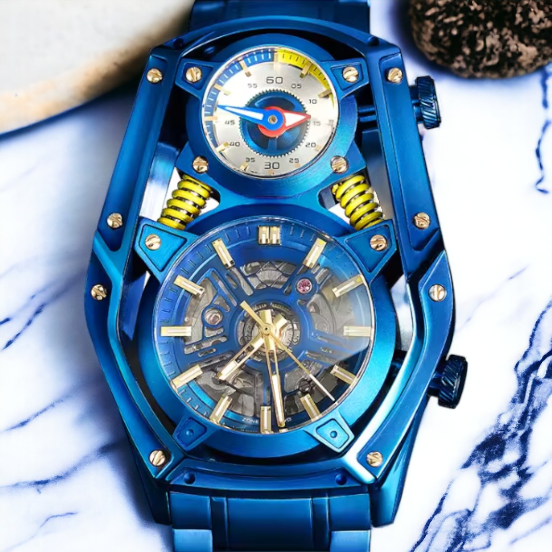 Blue Personality Tourbillon Design watch Mechanical Quartz DUAL MOVEMENT stainless steel luminous watch