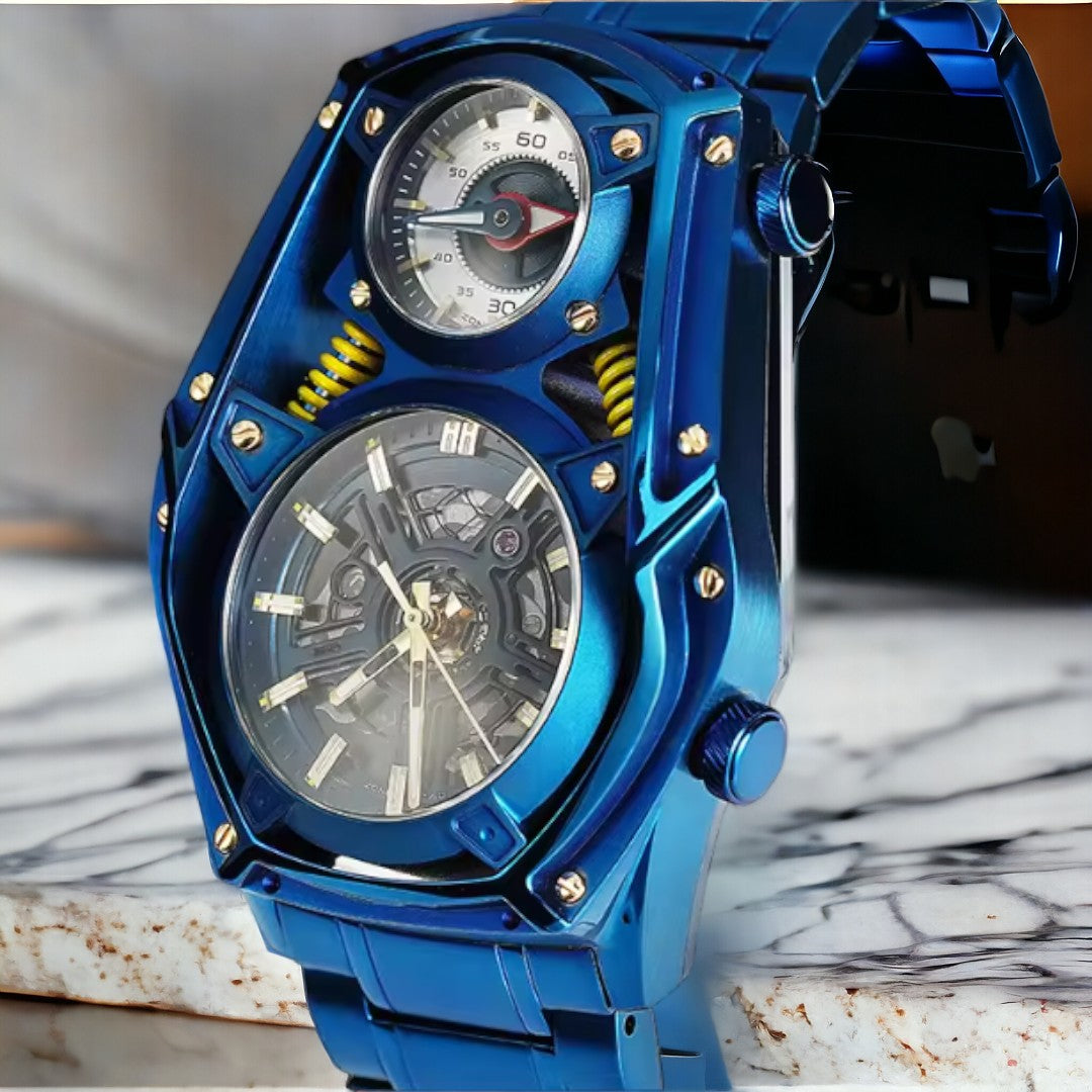 Blue Personality Tourbillon Design watch Mechanical Quartz DUAL MOVEMENT stainless steel luminous watch