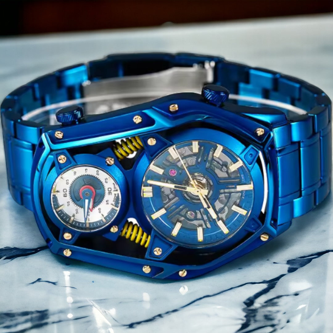 Blue Personality Tourbillon Design watch Mechanical Quartz DUAL MOVEMENT stainless steel luminous watch