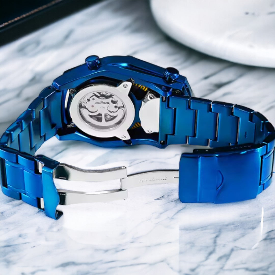 Blue Personality Tourbillon Design watch Mechanical Quartz DUAL MOVEMENT stainless steel luminous watch