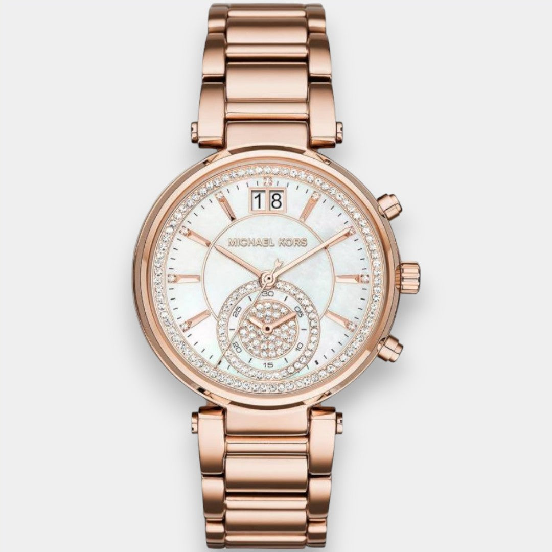 Michael Kors Sawyer White Dial Gold Steel Strap Watch For Women - MK6282