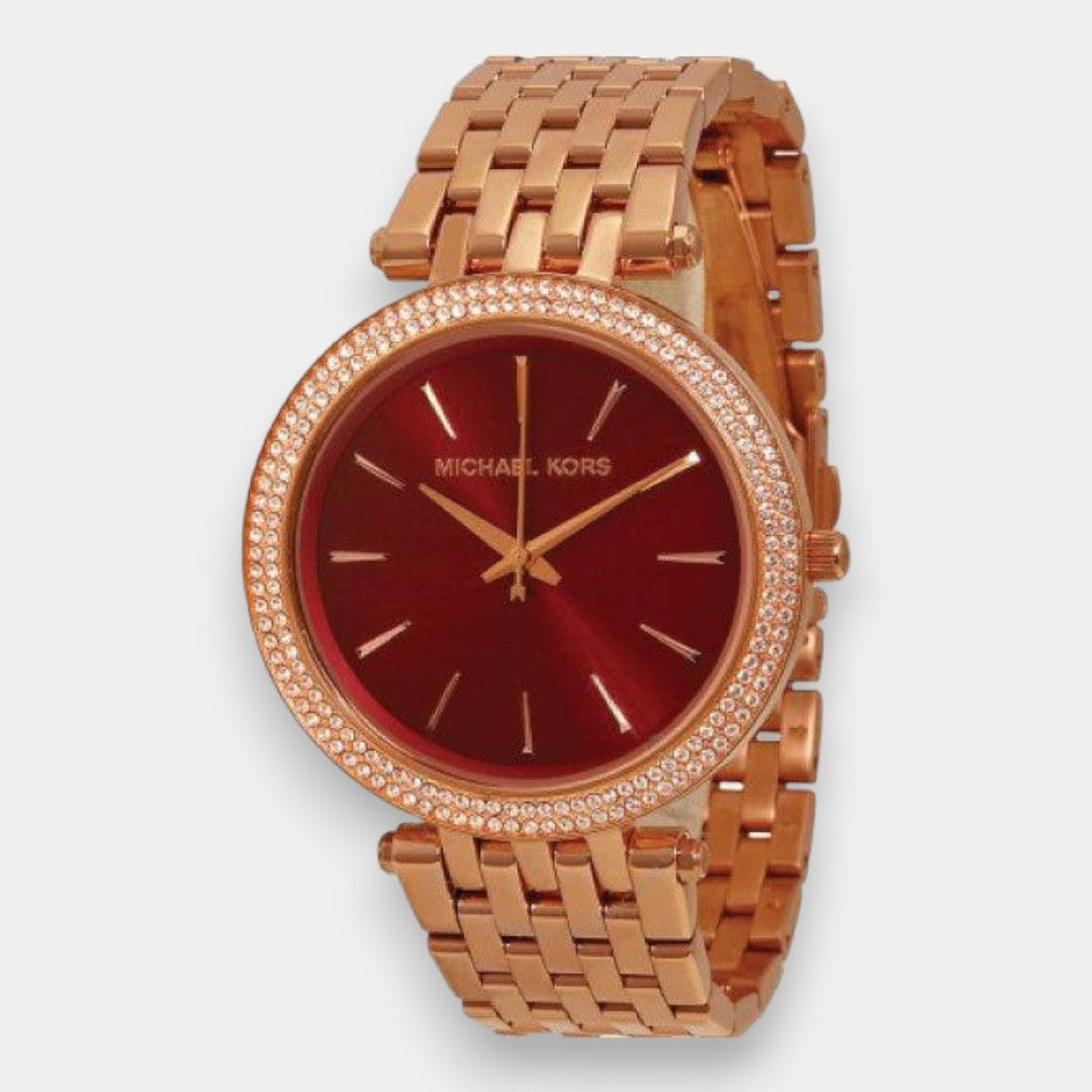 Michael Kors Darci Red Dial Rose Gold Stainless Steel Strap Watch For Women - MK3378