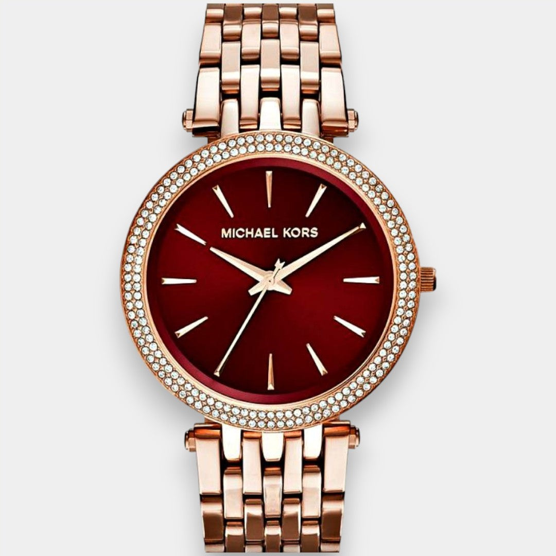 Michael Kors Darci Red Dial Rose Gold Stainless Steel Strap Watch For Women - MK3378