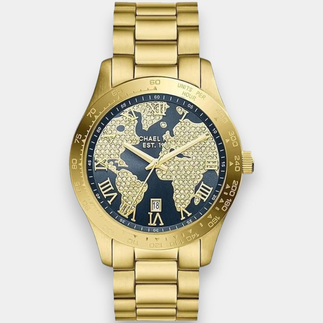 Michael Kors Layton Pave Blue Dial Gold Steel Strap Watch For Women - MK6243