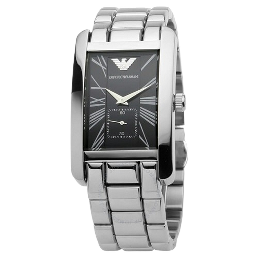 Emporio Armani Classic Rectangular Watch AR0156 Silver Strap and Black dial