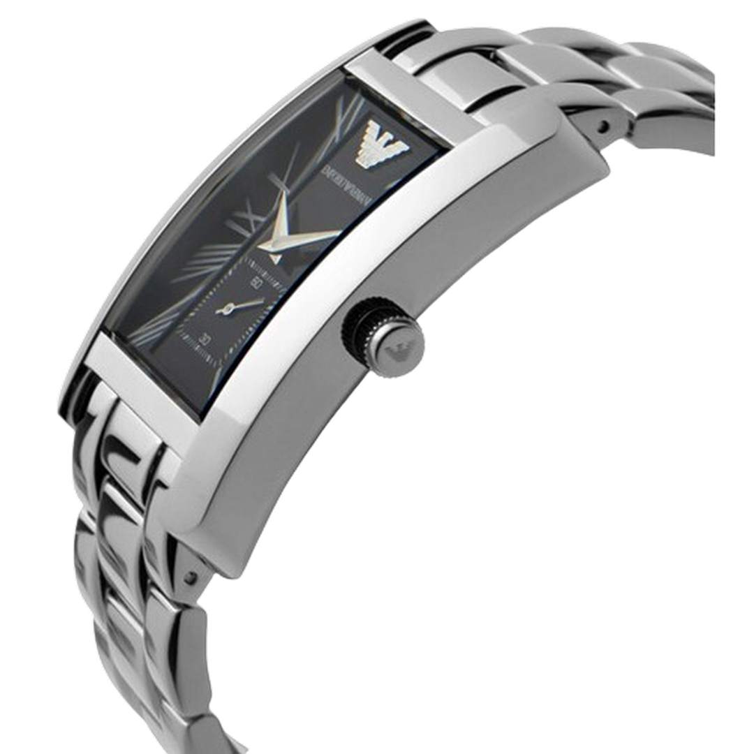 Emporio Armani Classic Rectangular Watch AR0157 Silver Strap and Black dial